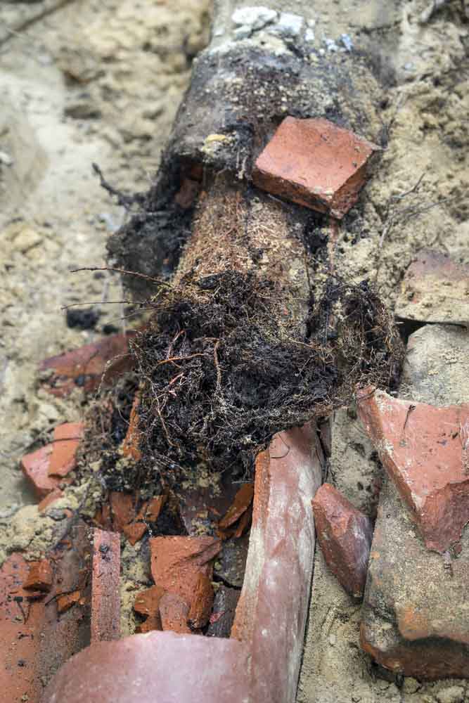 Closeup of broken old terracotta ceramic sewer pipe Glen Ellyn, IL